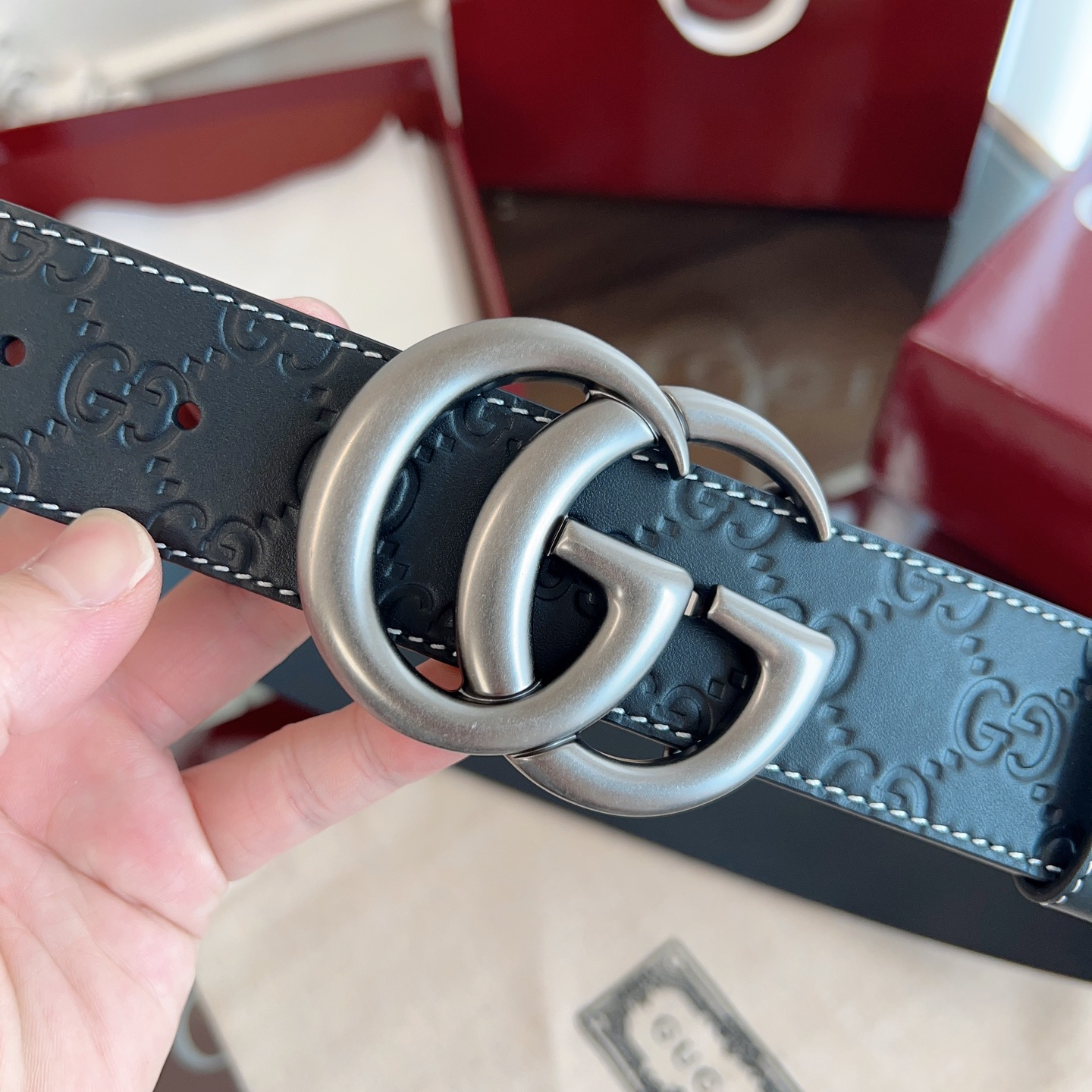 Gucci Double G copper buckle embossed leather belt width 4.0cm