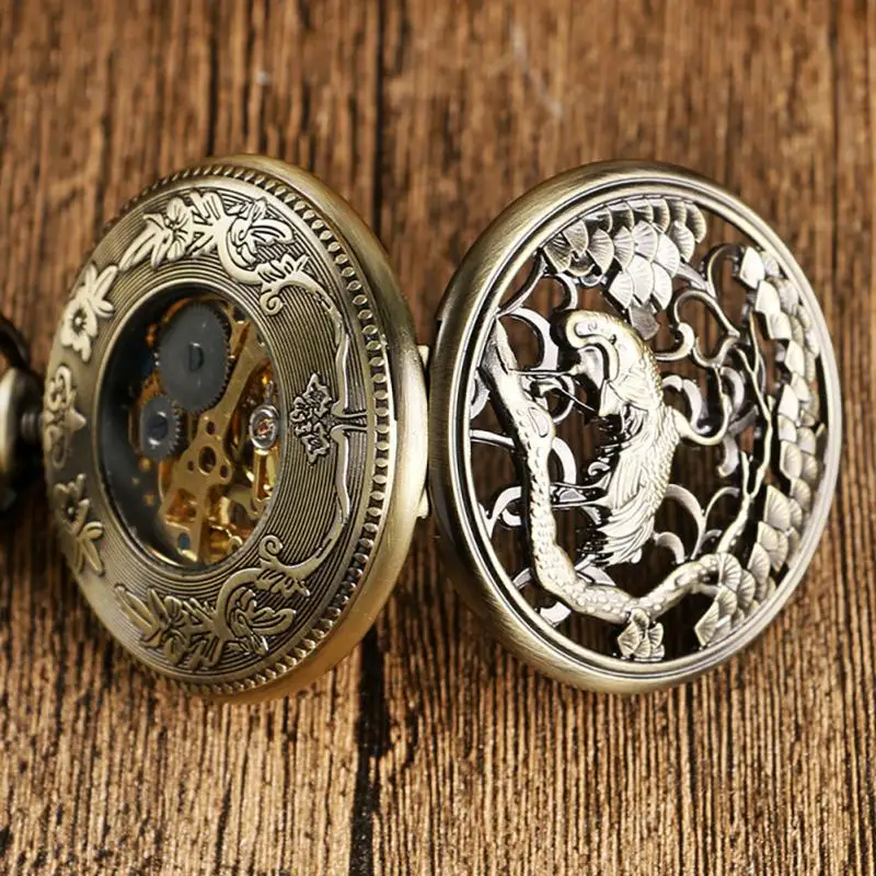 Bronze Hollow Double Crane Case Handwind Mechanical Pocket Watch for Men Pendant Chain Clock Cool Timepiece Relogio De Bolso