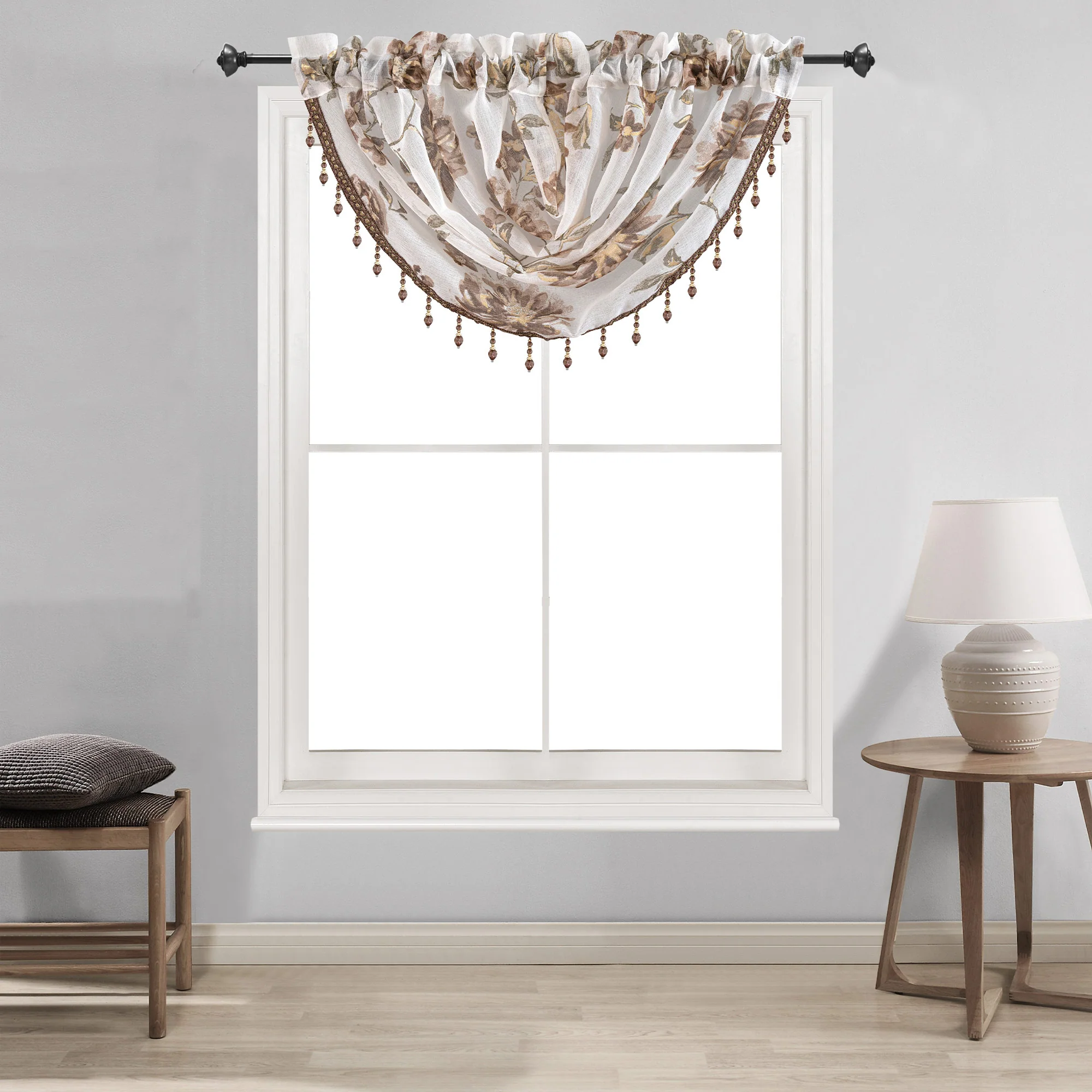 Anna Sheer Metallic Floral Rod Pocket Window Panel & Waterfall Valance, All Sold Separately