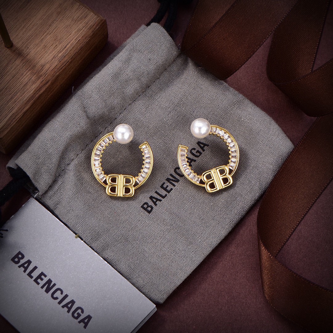 Balenciaga Diamond Hoop Pearl Earrings