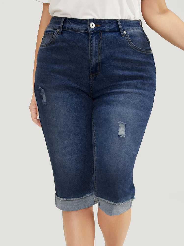 Moderately Stretchy Roll Hem Ripped Knee Denim Shorts