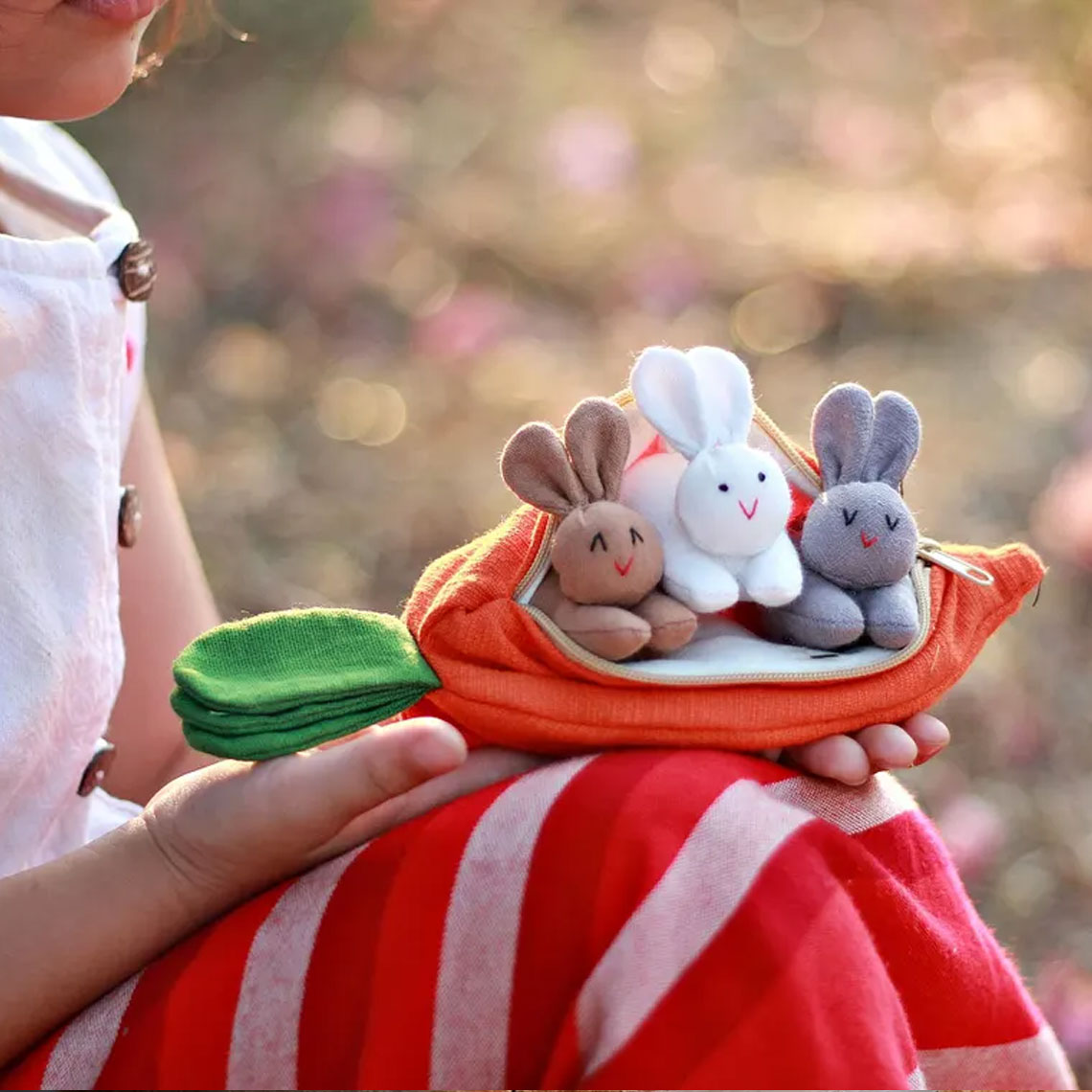 3 Organic stuffed bunnies in carrot zip pouch, Bunny Easter