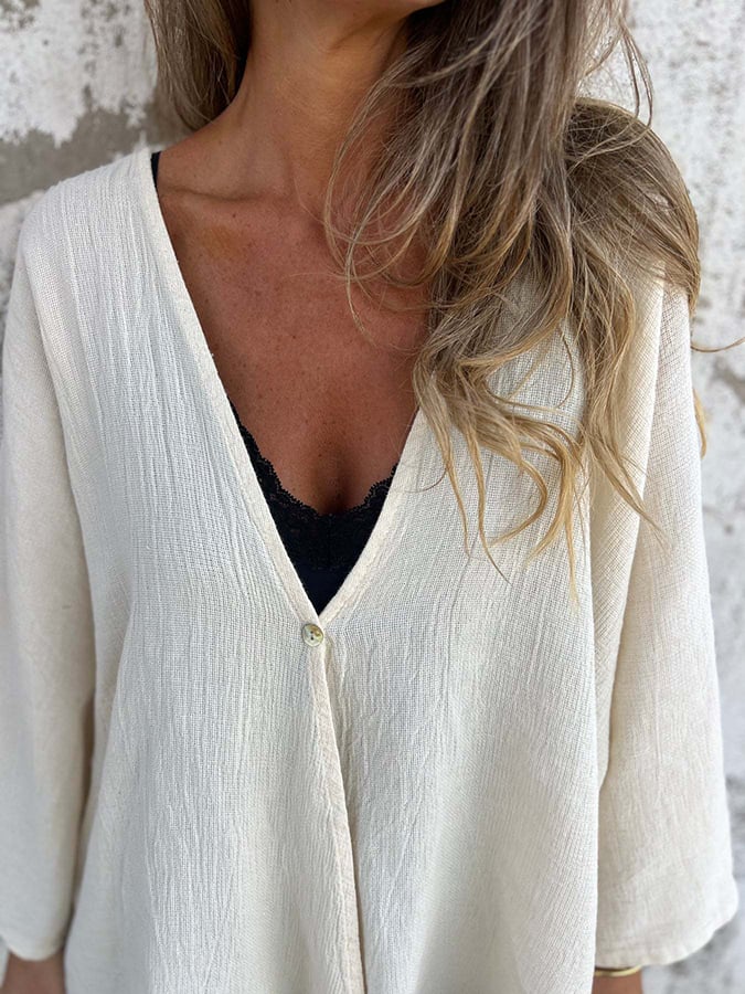 Women's V-Neck Long Sleeve Loose Button Design Casual Shirt