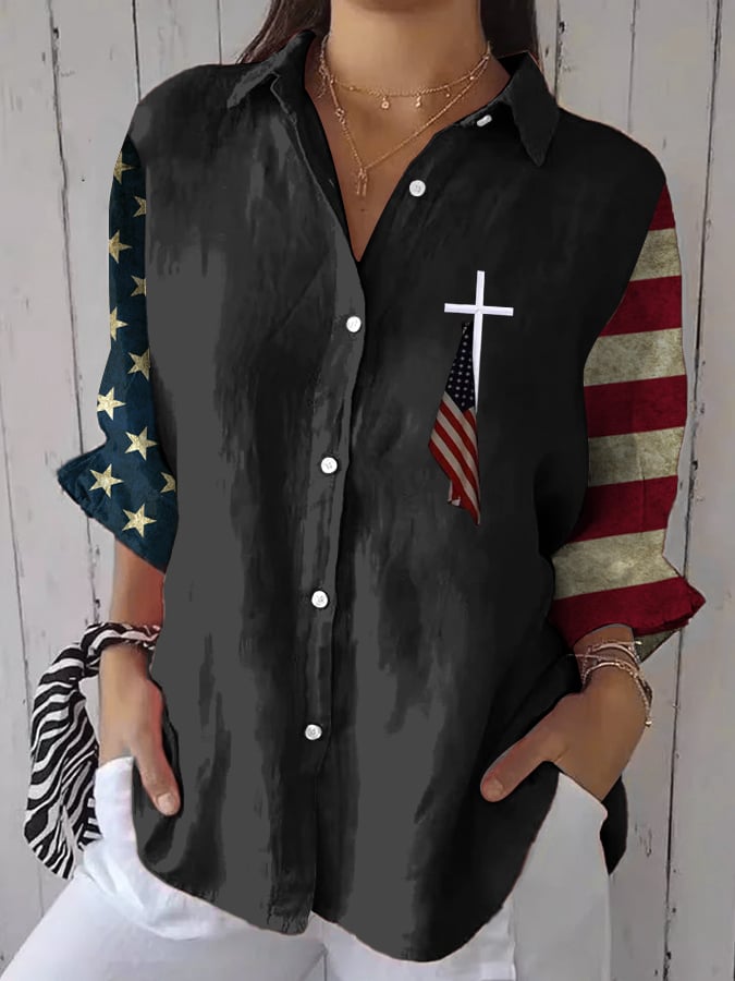 Women's Casual Cotton and Linen Independence Day Shirt