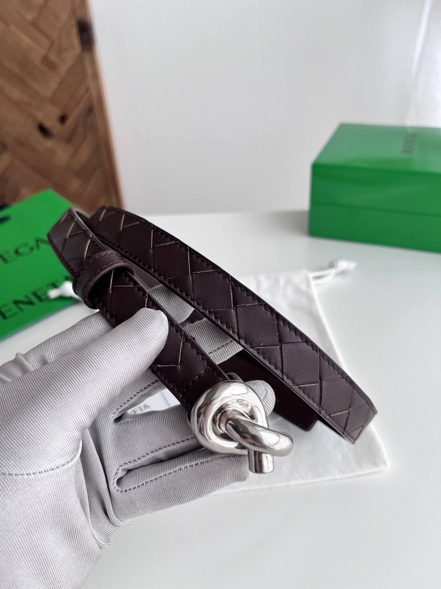 Bottega Veneta intreccio woven cowhide double-sided belt width 2.0cm