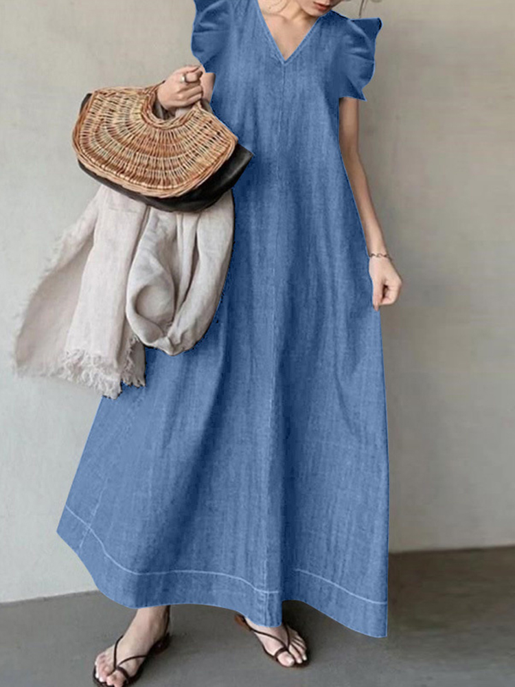 Vintage Plain V Neck Maxi Dress