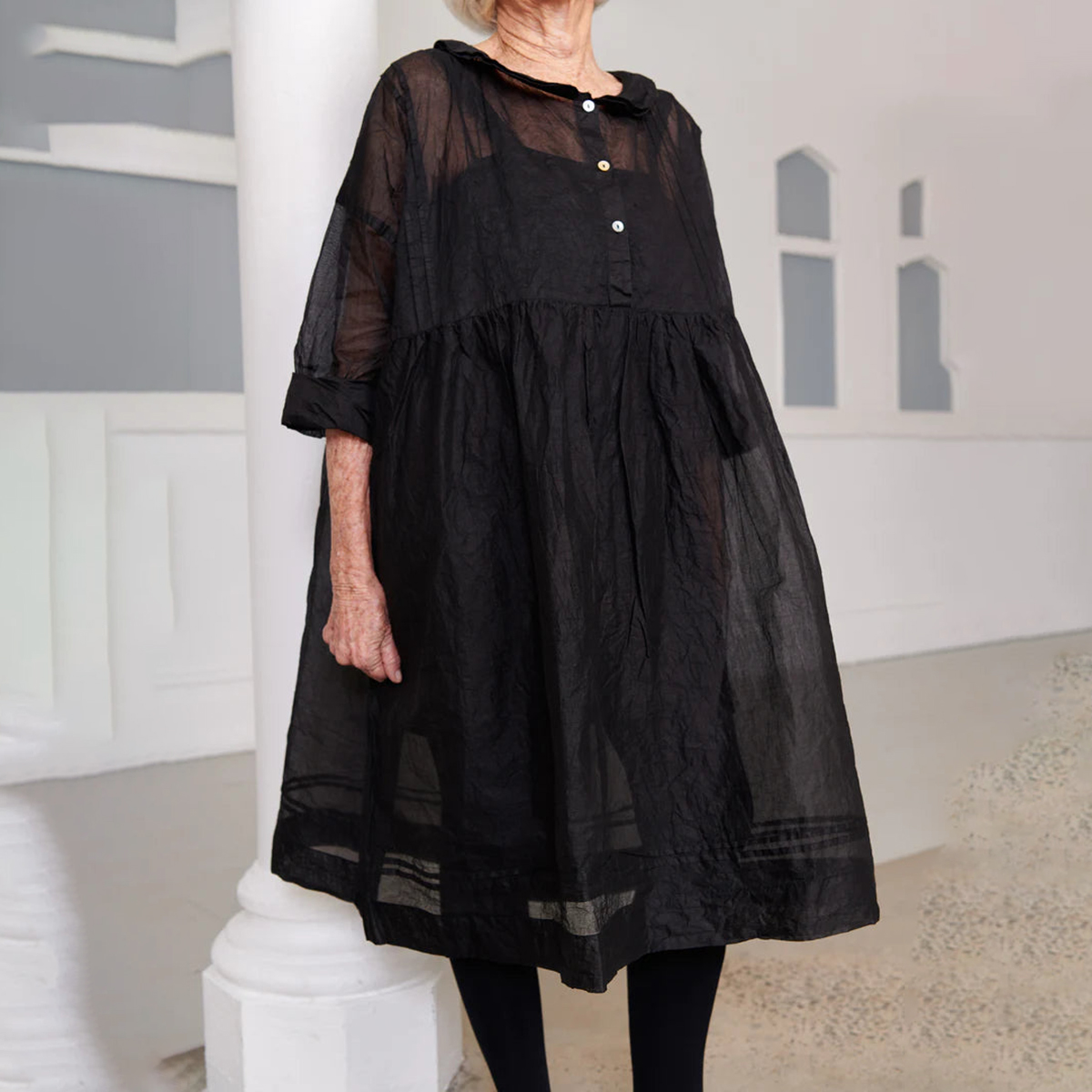 Solid Button Neck Loose Swing Mini Dress