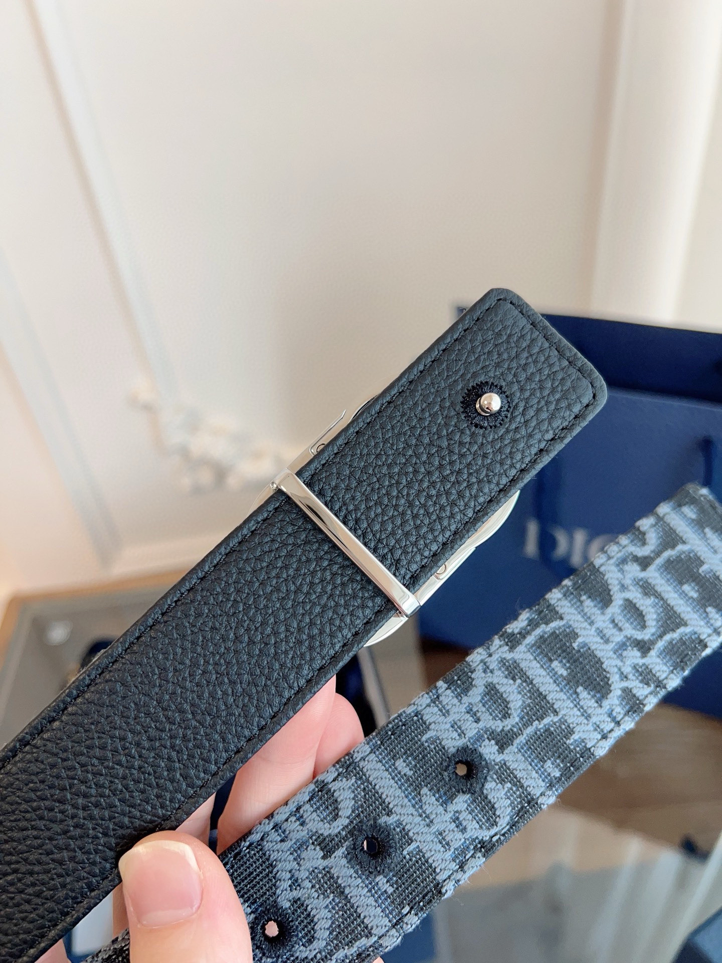 Dior Oblique light blue cloth and black cowhide leather belt width 3.5cm