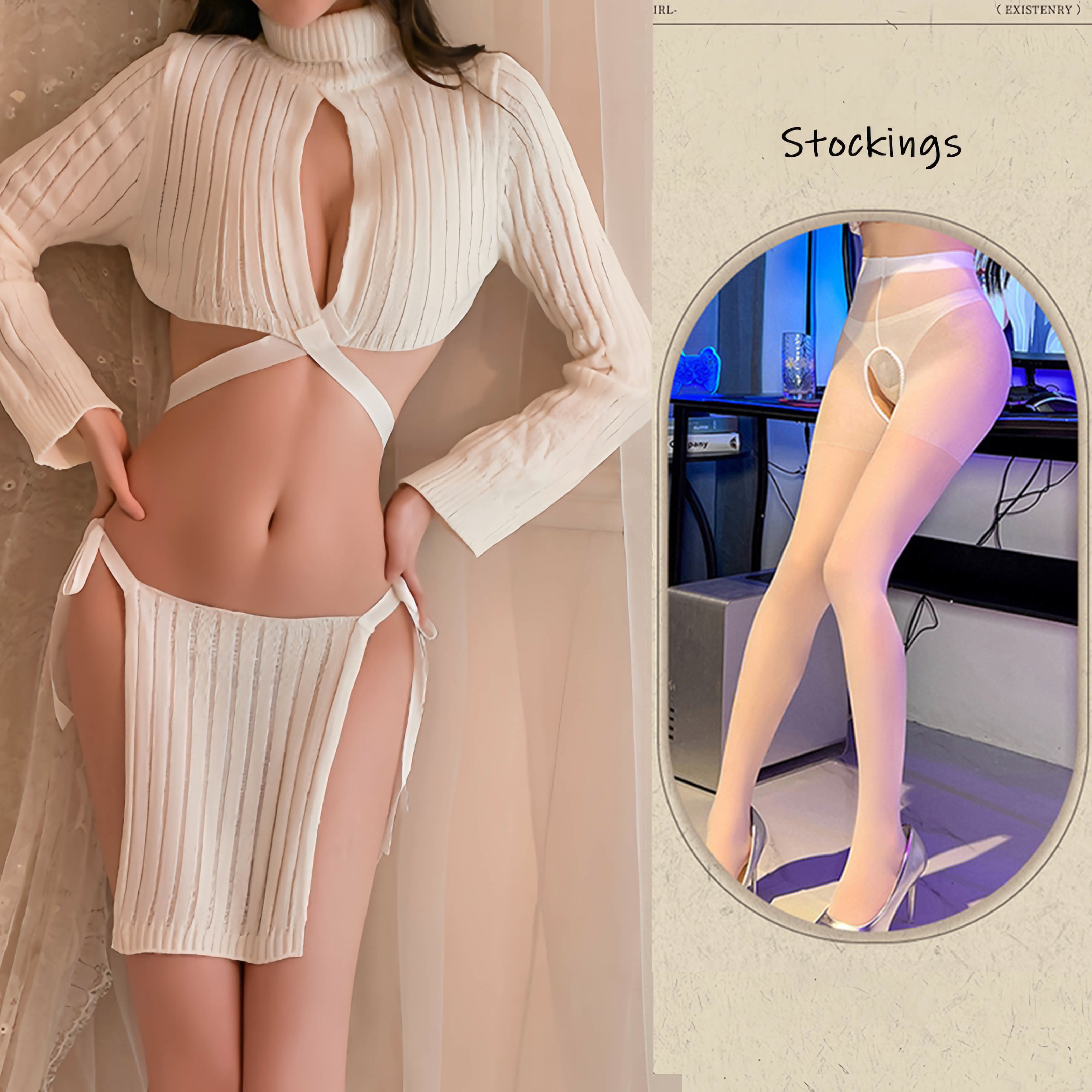 Knit Lace Up Hollow Out Long Sleeve Lingerie Dress