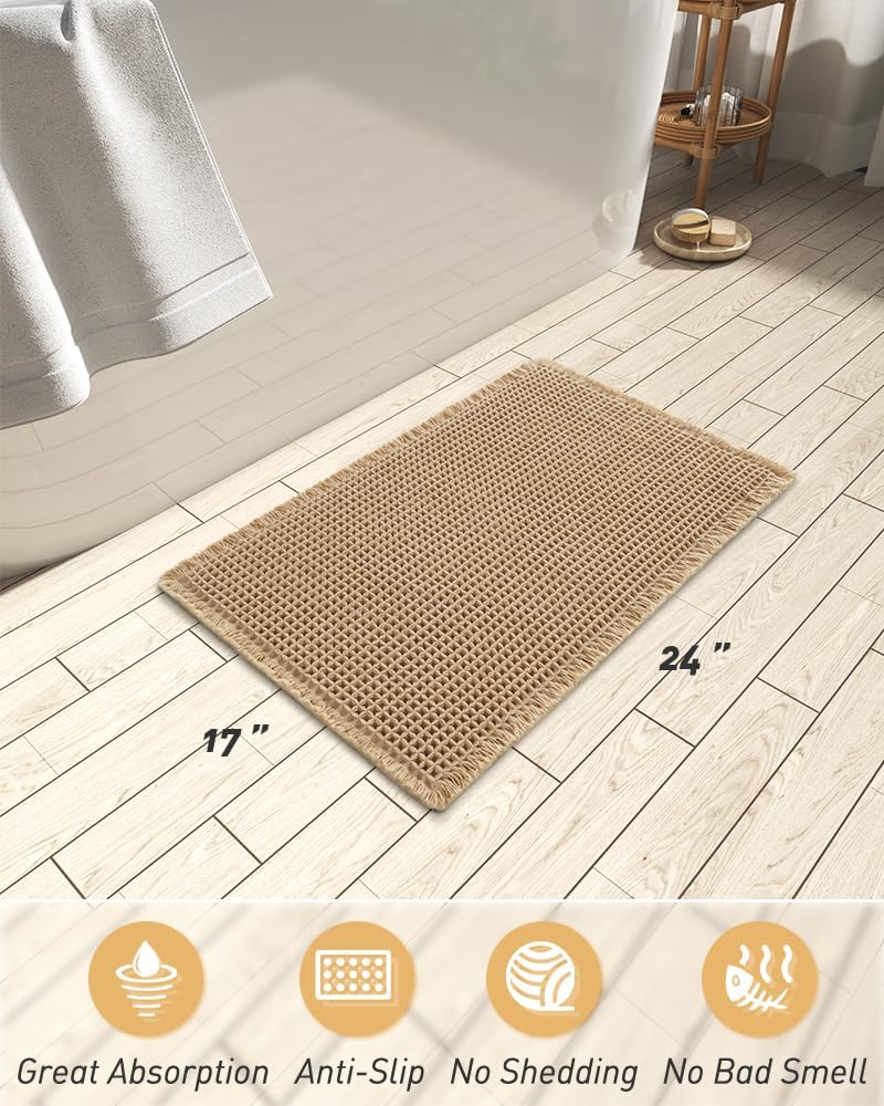 Upgraded Waffle Bath Mat, Machine Washable Bathroom Rugs with Tassels, Rubber Backed Bathroom Mats, Ultra Soft