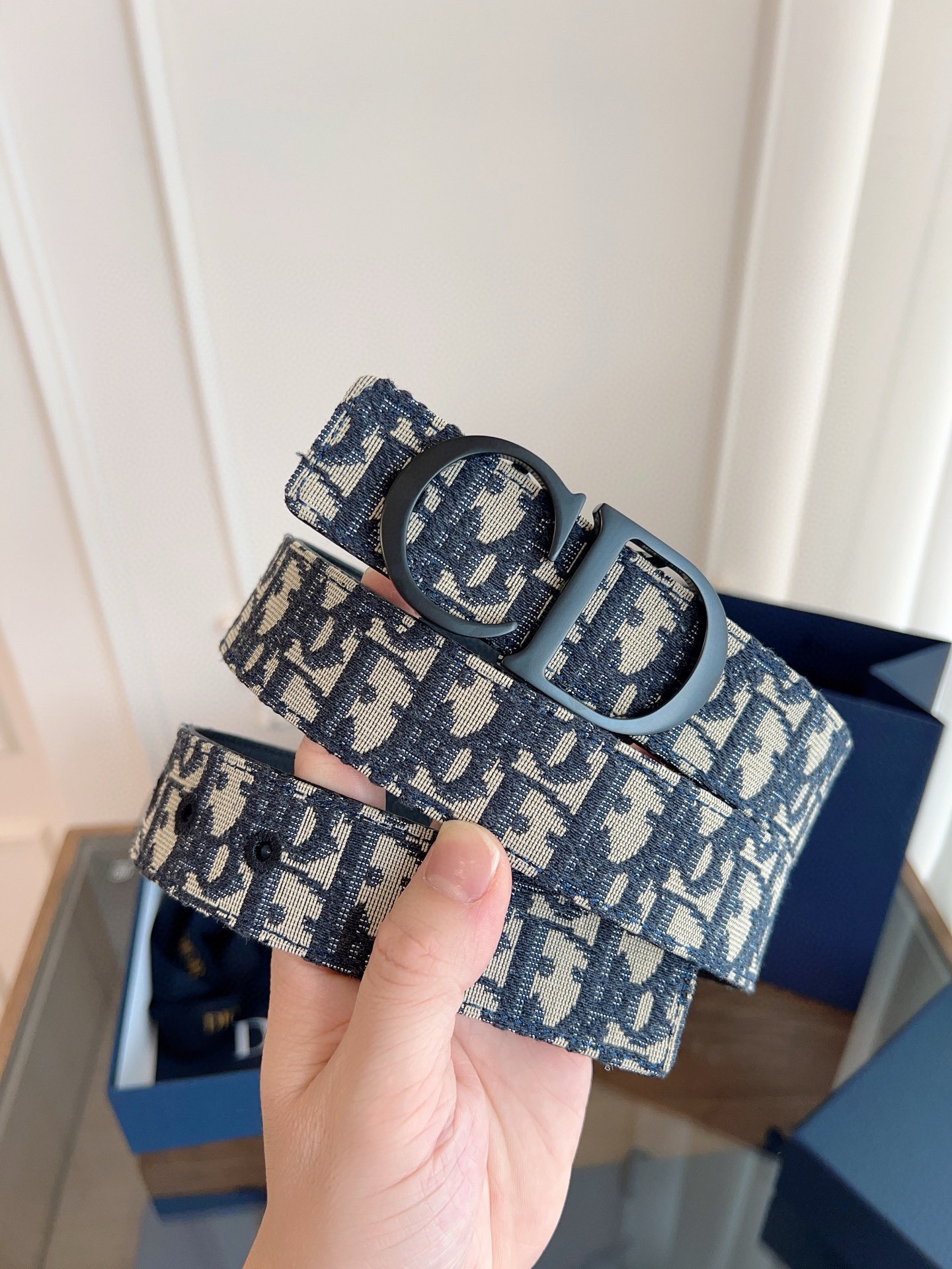 Dior Oblique Blue Cloth Black Cowhide Leather Strap 3.5cm Wide