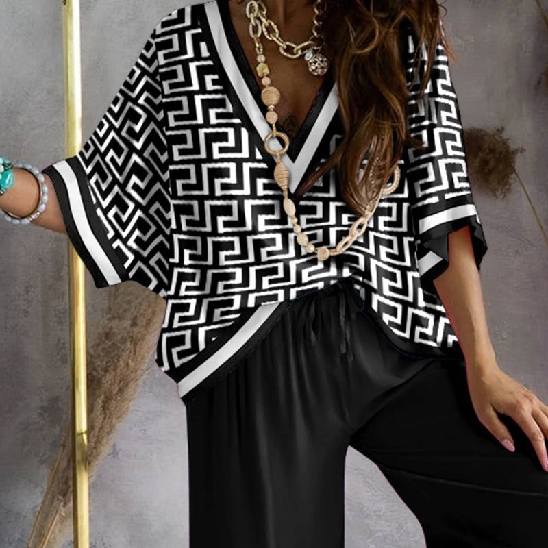 Printed Batwing Sleeve Top and Wide Leg Pants Suit for Women
