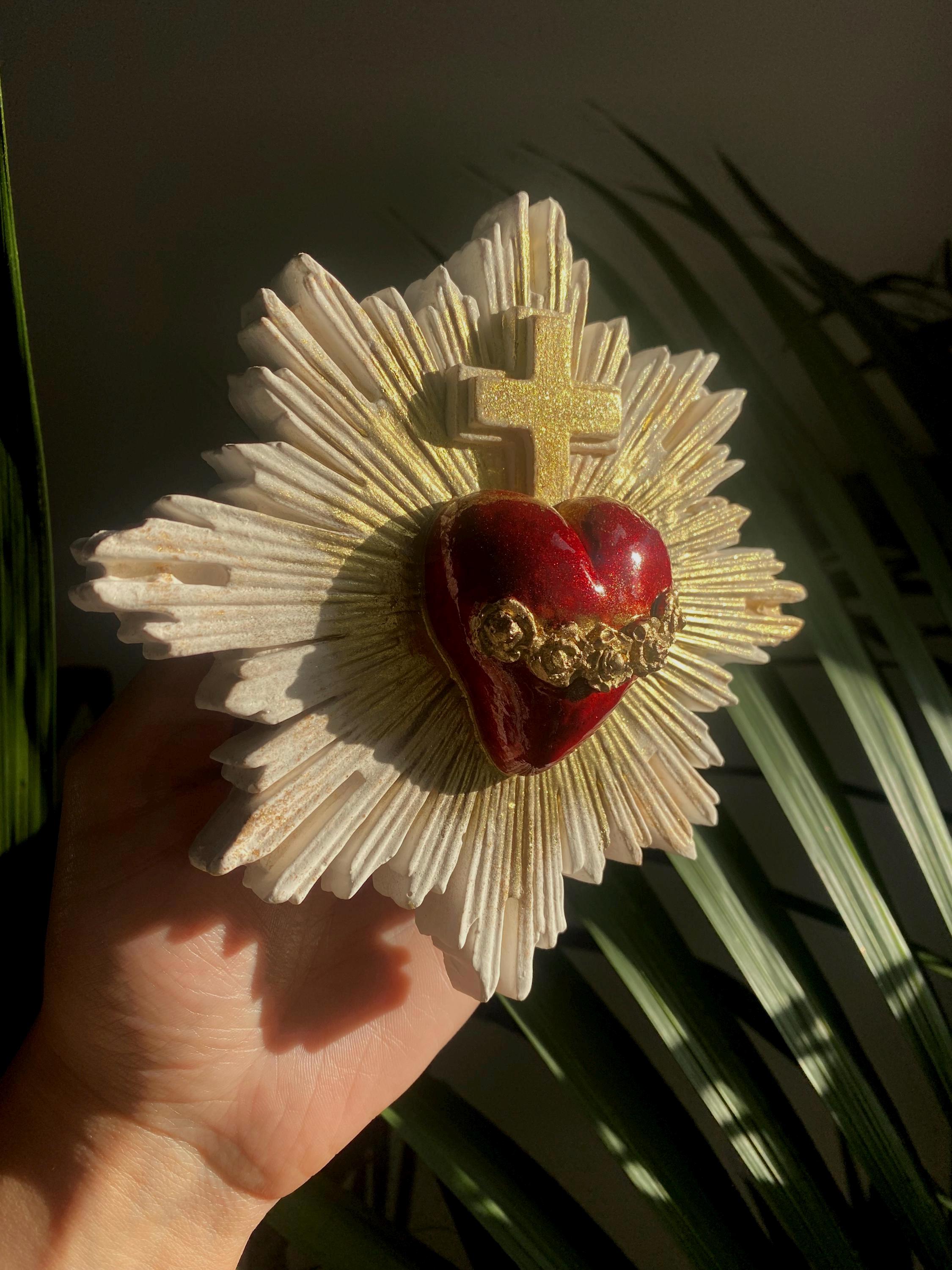 Sacred Heart Wall Decor, Milagro Heart, Flaming Heart & Cross, Handmade.
