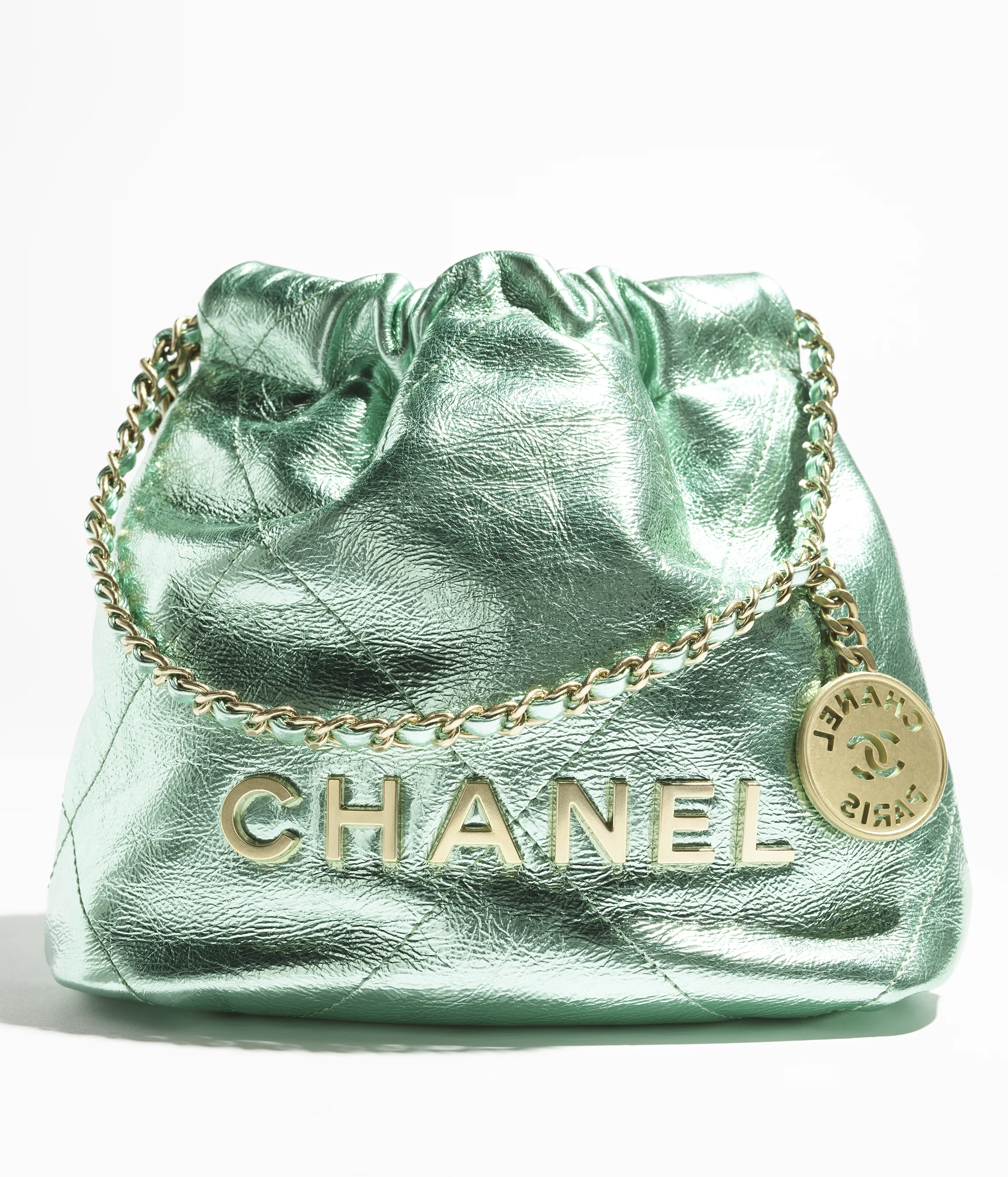 CHANEL 22 Mini Handbag Metallic Calfskin & Gold Metal Green AS3980-B18806-NABKC
