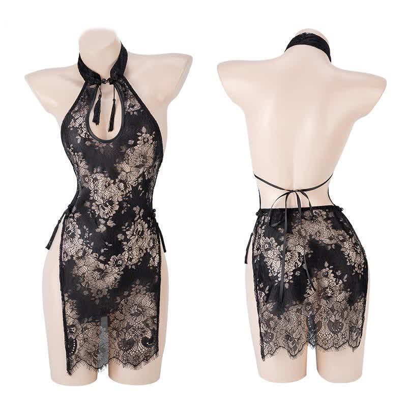 Hollow Lace See Through Split Cheongsam Dress Lingerie