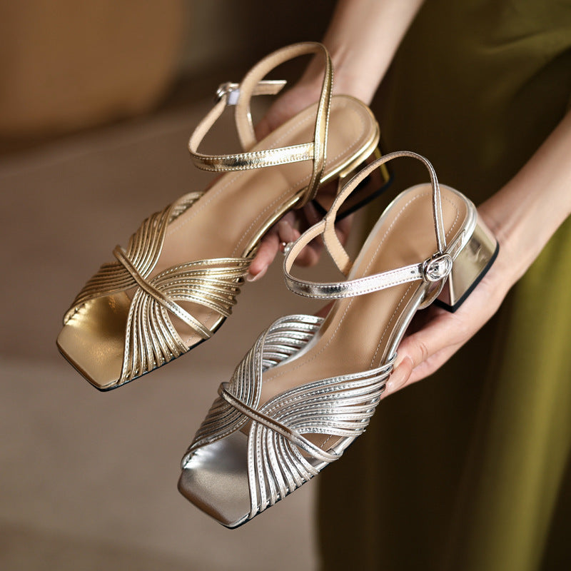 Thick Mid Heel Square Toe Buckle Strap Peep Toe Sandals