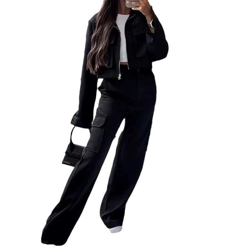 Fashion Solid Color Zipper Short Jacket Slim Fit Overalls Suit