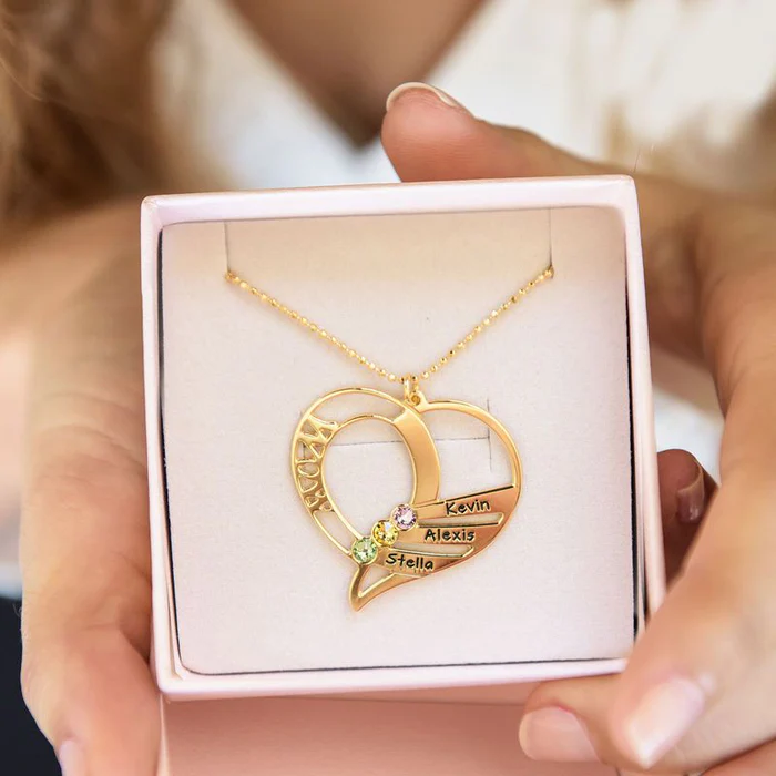Engraved Mom Heart Birthstone Necklace