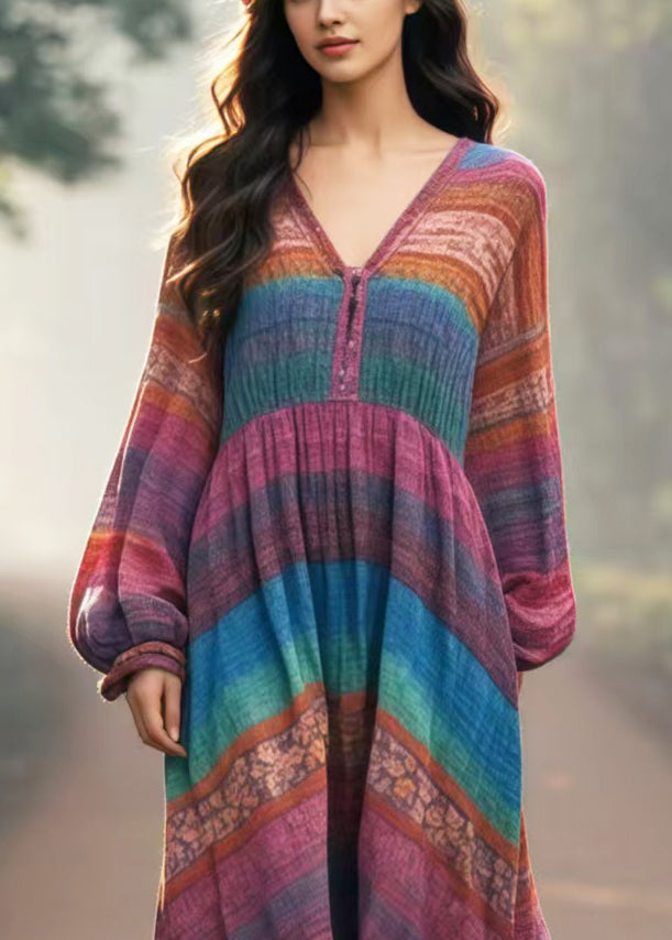 Vintage Multicolour Oversized Print Cotton Long Dresses Spring
