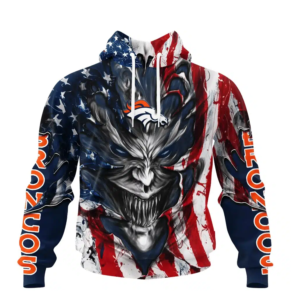 DENVER BRONCOS DEMON FACE AMERICAN FLAG-3D UNISEX HOODIE