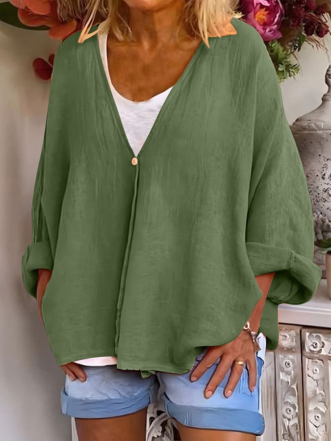 Women's V-Neck Long Sleeve Loose Button Design Casual Shirt