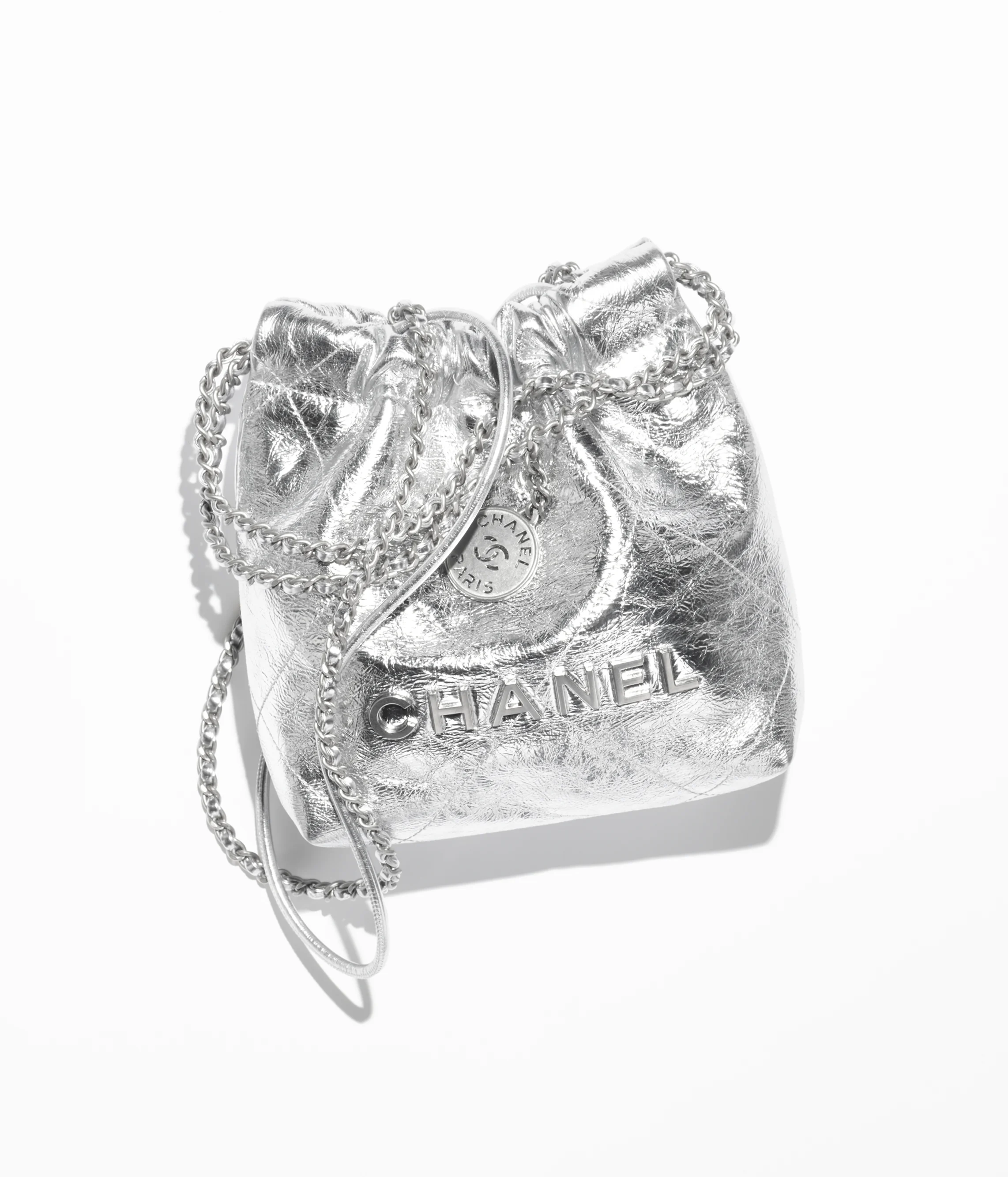 CHANEL 22 Mini Handbag Metallic Calfskin & Silver-Tone Metal Silver AS3980-B18804-NABJY