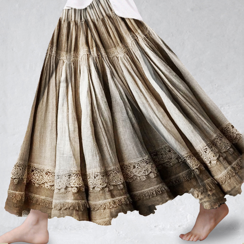 Vintage Boho Lace Linen Blend Flowy Wide Skirt