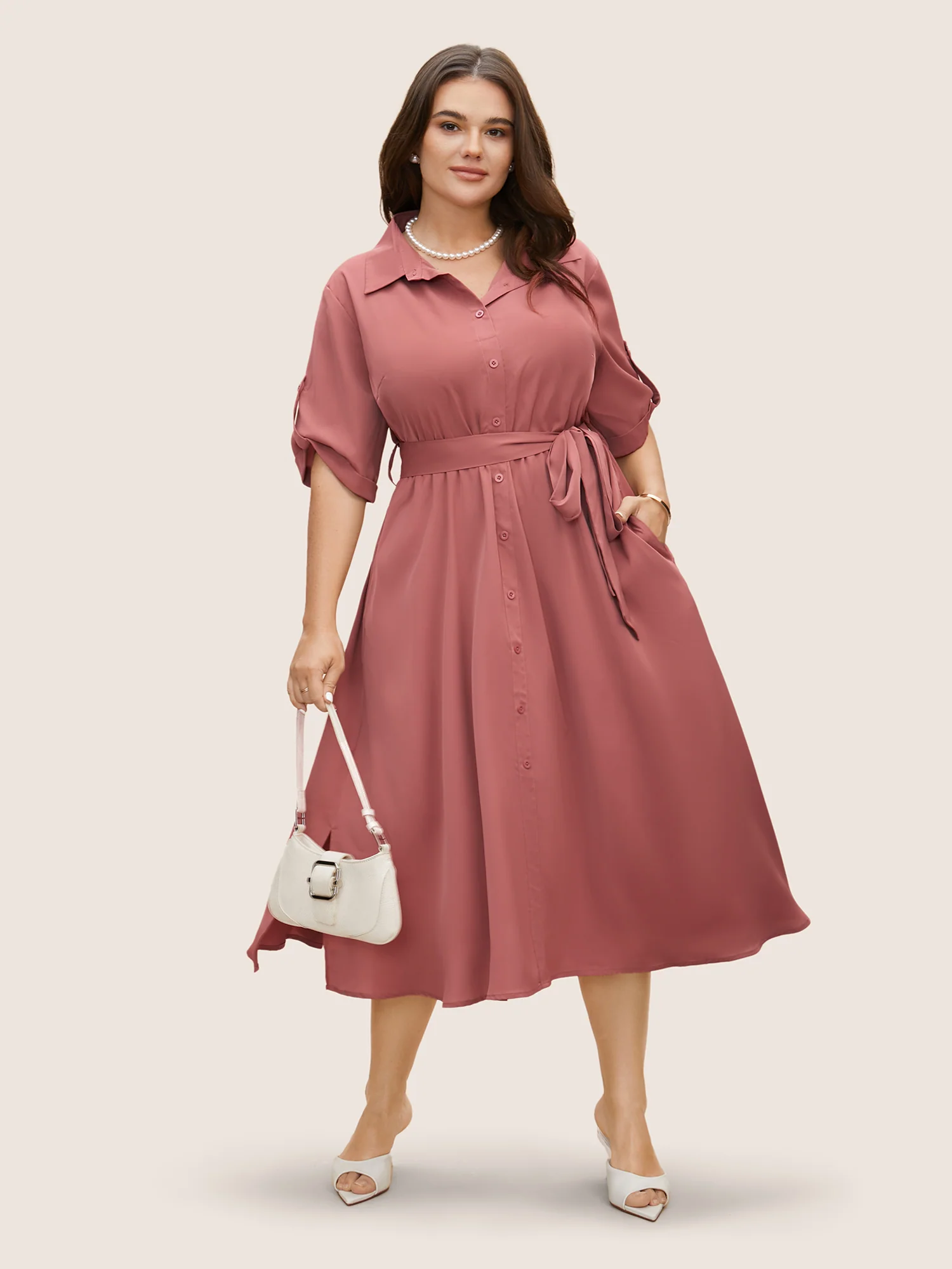 Shirt Collar Tab Sleeve Split Hem Dress