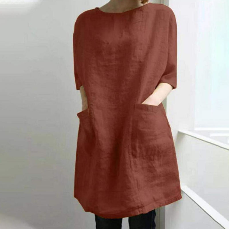 Vintage Plain Round Neck Pocket Short Sleeve Mini Dress