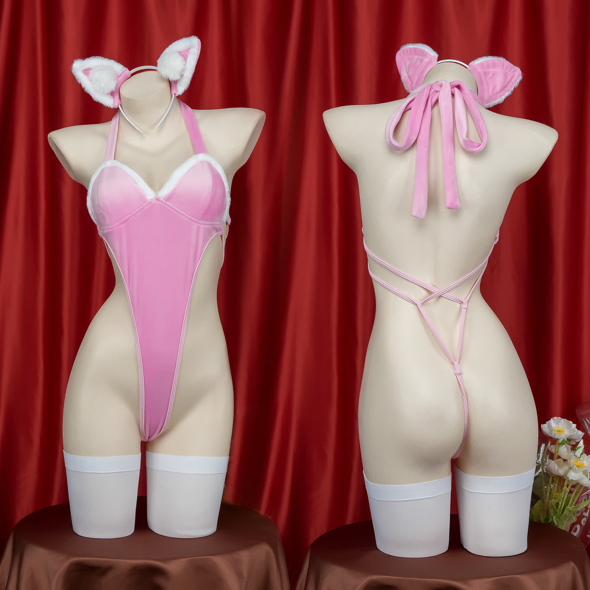 Cosplay Kitty Lace-up Jumpsuit Skirt Lingerie Set