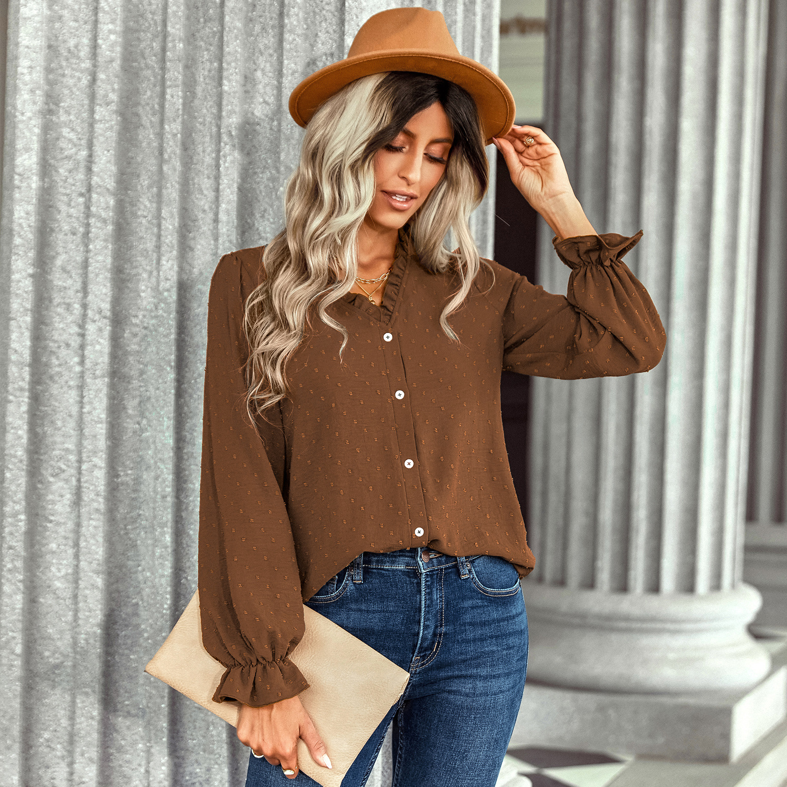 Early autumn V-neck shirt women's fashion casual dress shirt