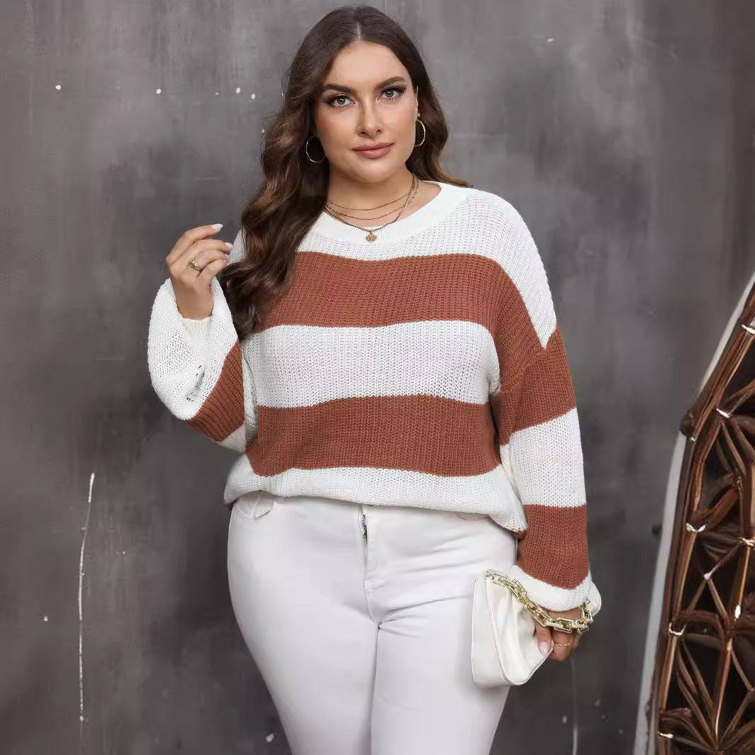 Plus Size Top Women Woven Sweater Women Clothes Contrast Color Striped Color Pullover Sweater
