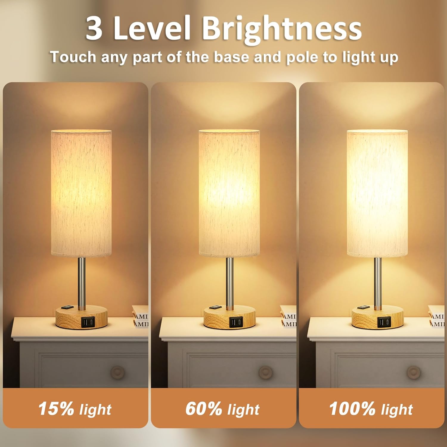 Bedside Table Lamp for Bedroom - 3 Way Dimmable Touch Lamp USB C Charging Ports and AC Outlet, Small Lamp Wood Base Round Flaxen Fabric Shade for Living Room, Desk, LED Bulb Included