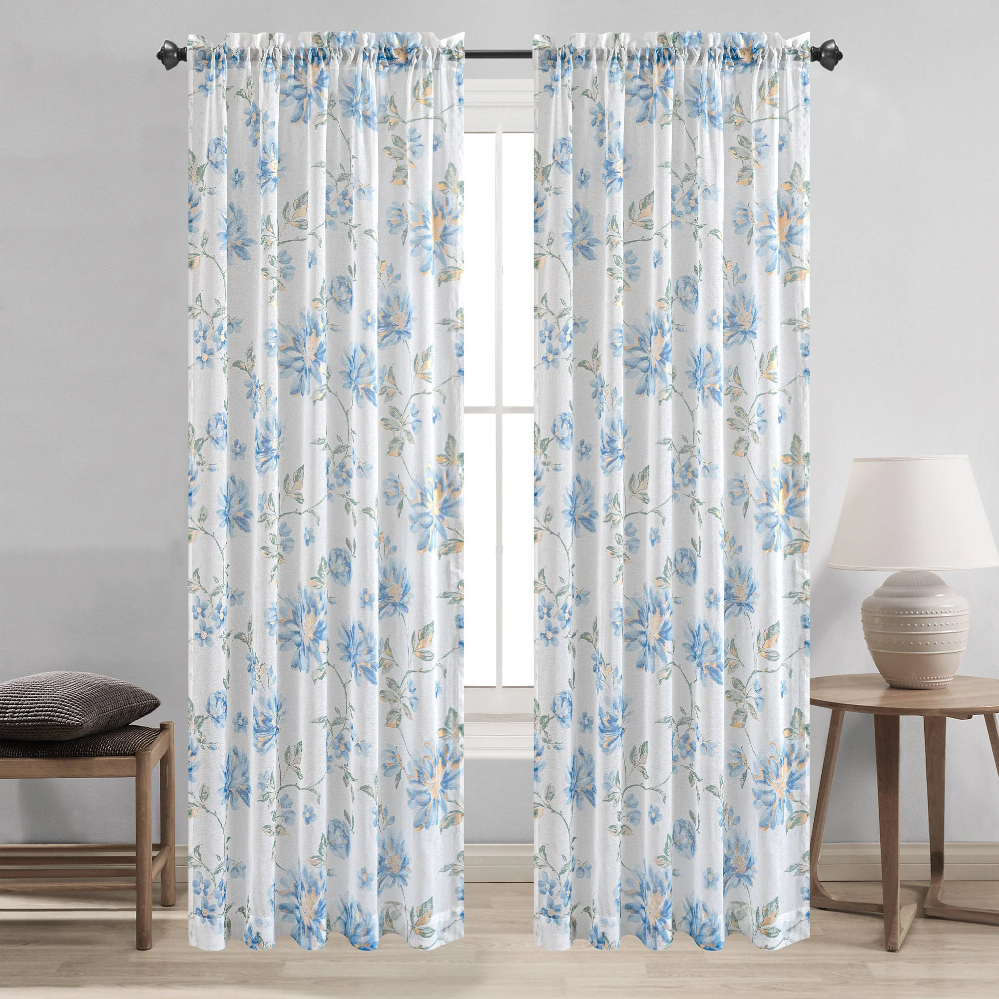 Anna Sheer Metallic Floral Rod Pocket Window Panel & Waterfall Valance, All Sold Separately