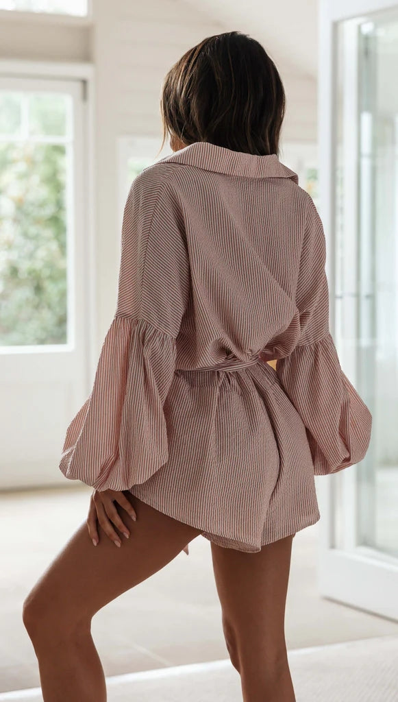 Red Striped Long Sleeves Romper