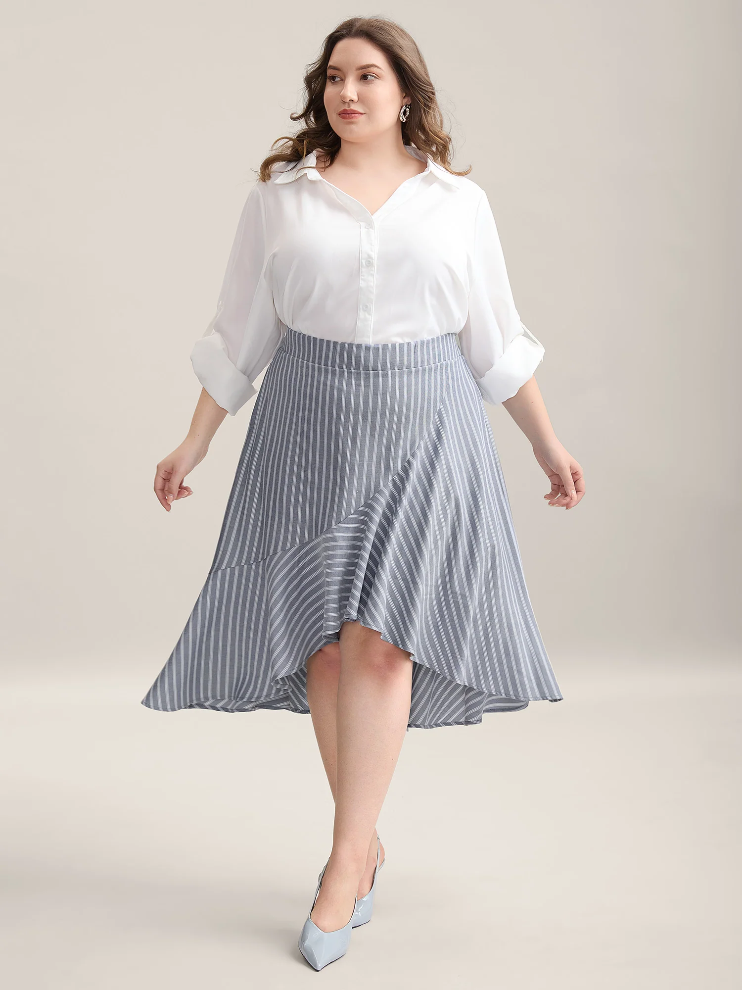 Stripe Print High-Low Hem Midi Skirt