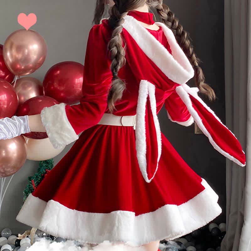 Bunny Ears Bow Knot V-neck Hooded Dress With Belt