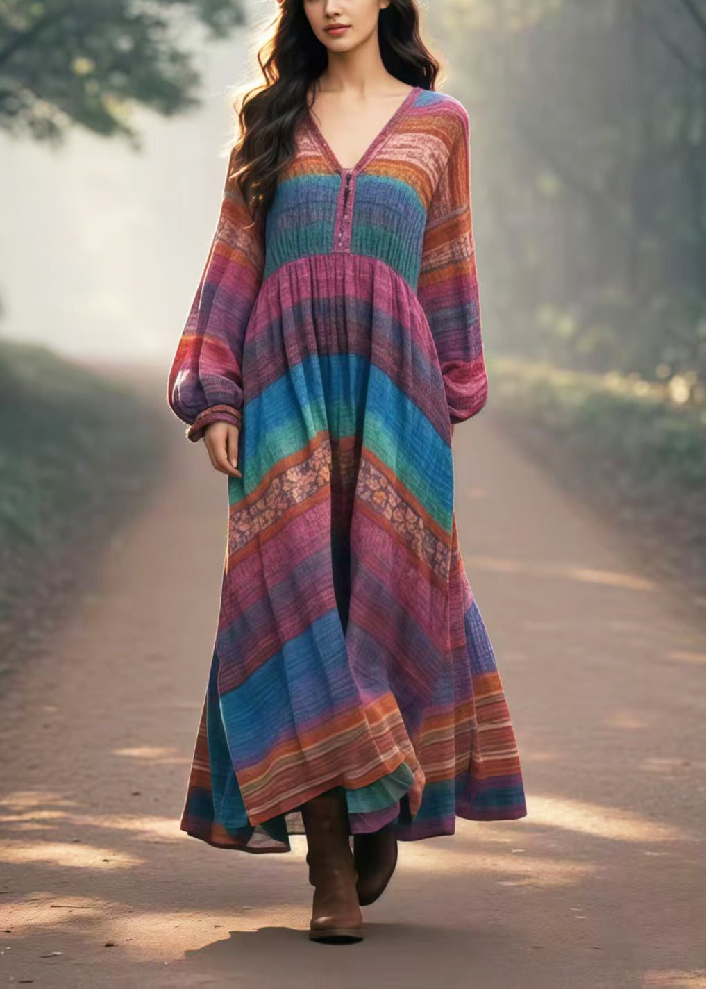 Vintage Multicolour Oversized Print Cotton Long Dresses Spring