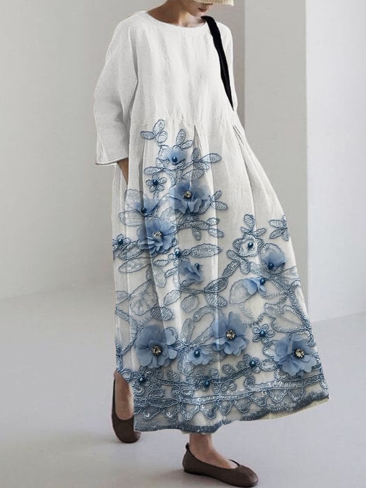 Women's Floral Print Cotton And Linen Dress