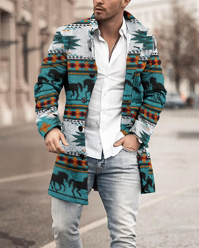 Blue Vintage Ethnic Style Pattern Lapel Mid Length Coat