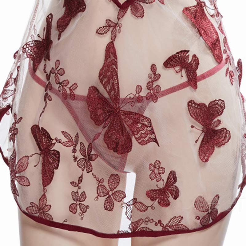 Butterfly Blossom Embroidery Mesh Lingerie Cheongsam Dress
