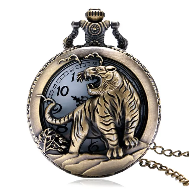 Bronze Hollow Out Chinese Twelve Zodiac Design Animal Quartz Pocket Watch for Men Women with Necklace Chain Gift reloj