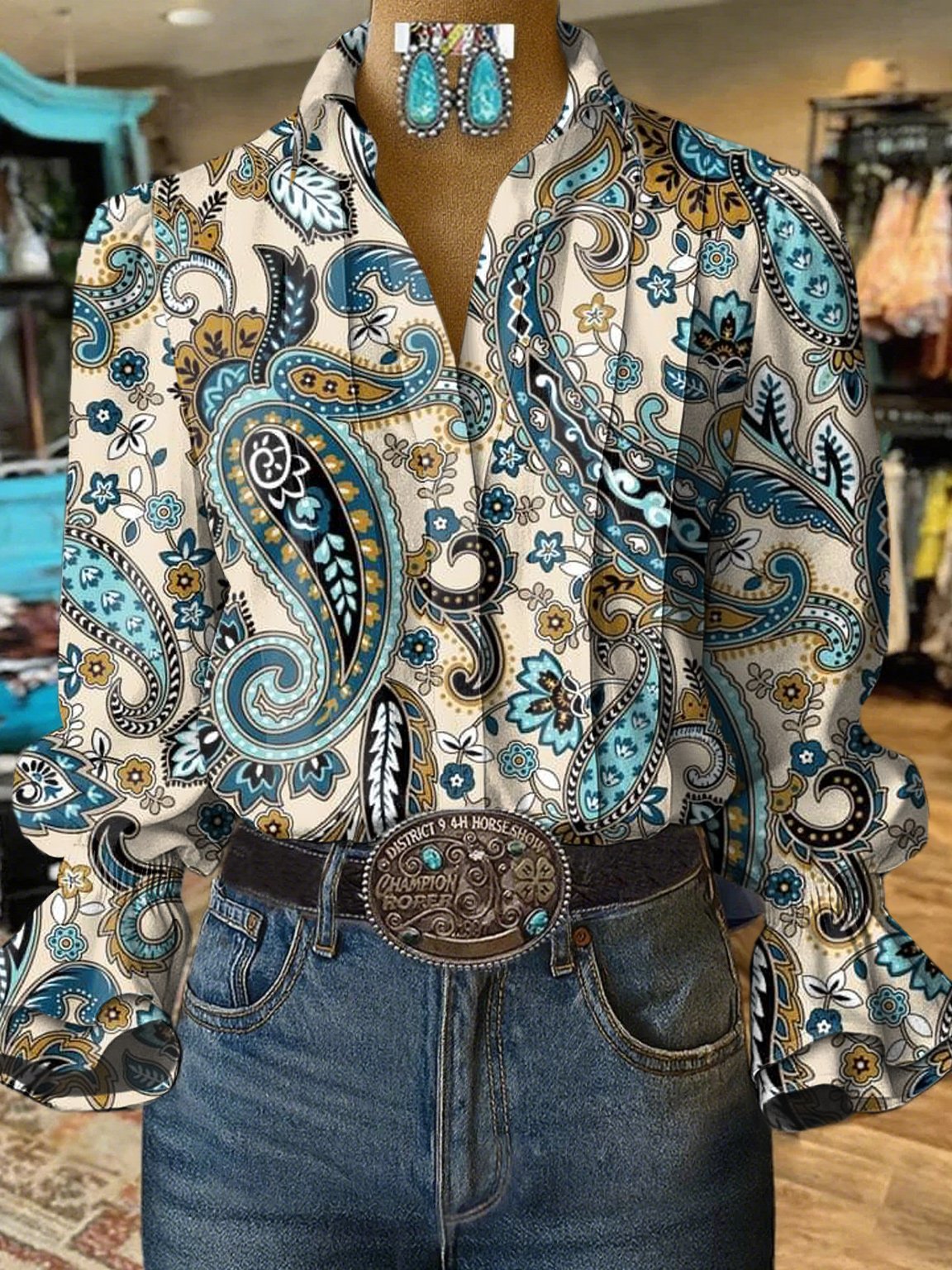 Women's Casual Western Puff Sleeve Patterned Shirt