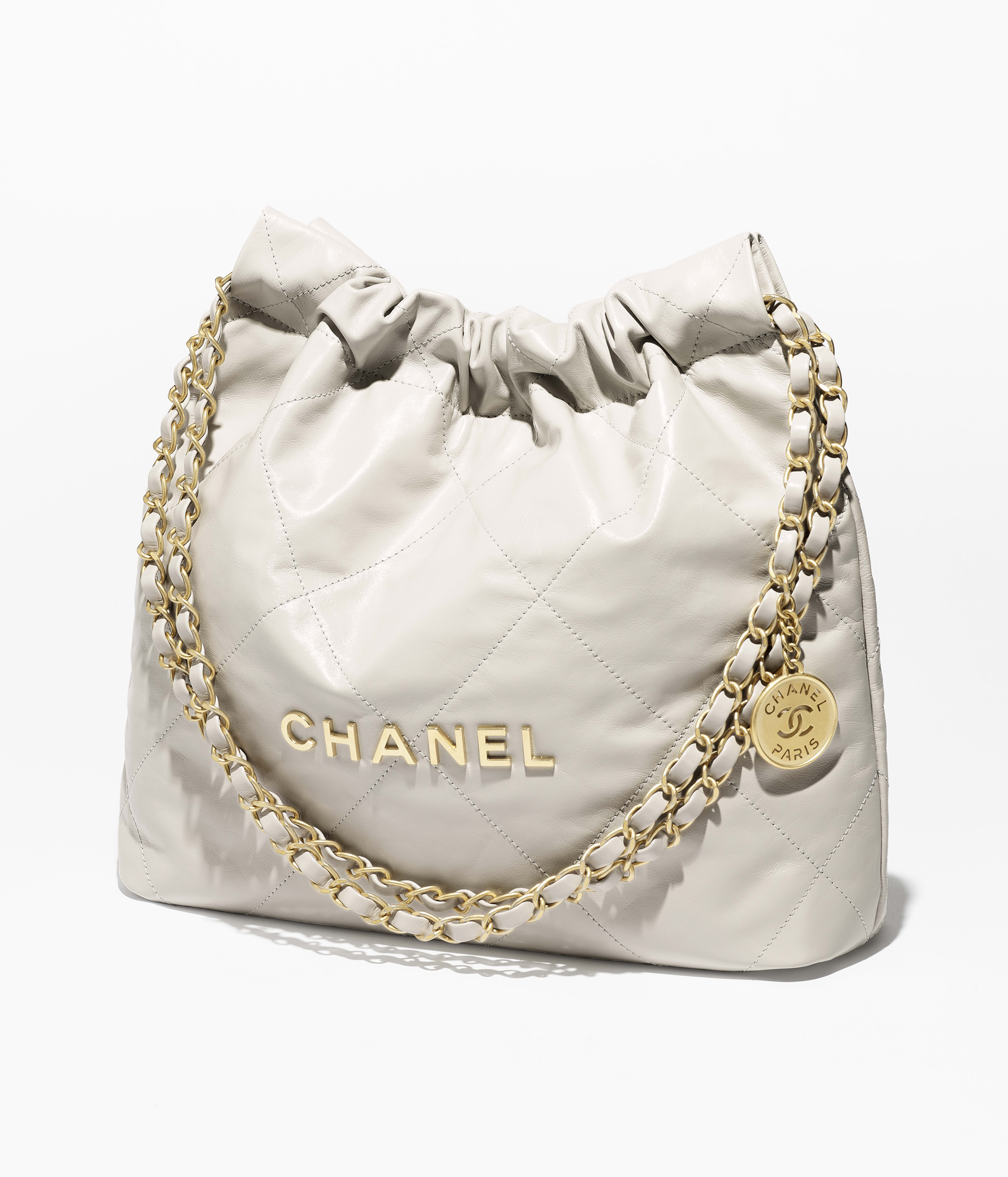 CHANEL 22 Small Handbag Shiny Calfskin & Gold-Tone Metal Light Gray AS3260-B19059-NAAUH