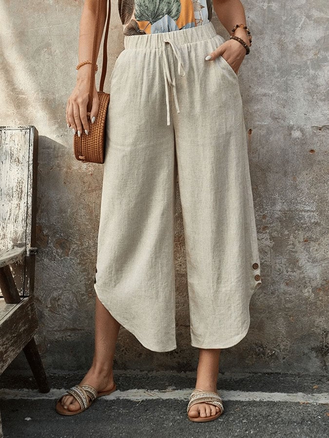 Casual Elegant Cotton And Linen Lace-Up With Pockets Irregular Cropped Pants