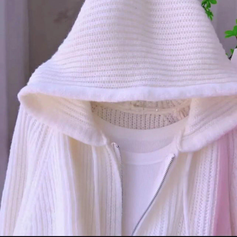 Women's Short Hooded Knit Cardigan for Fall and Winter