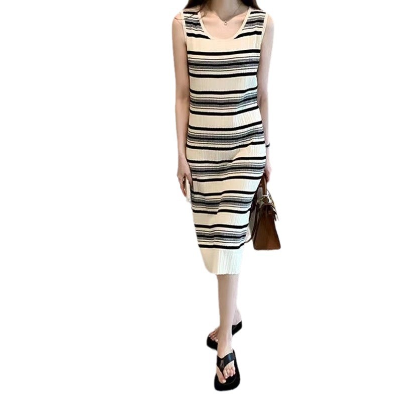 Thin sleeveless temperament Striped knitted dress French style