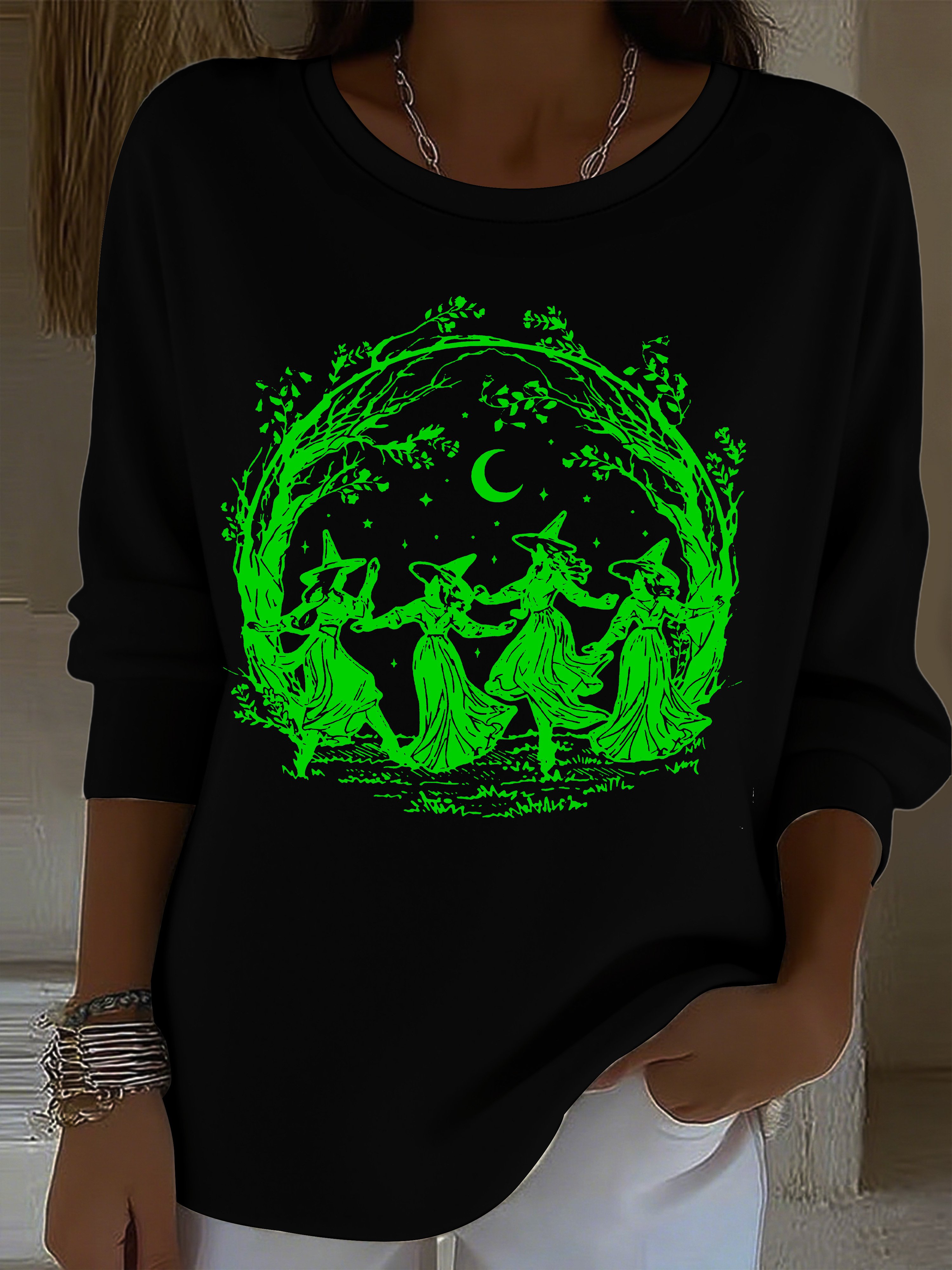 Women's Witch Halloween Luminous Material Printed Casual Sweatshirt
