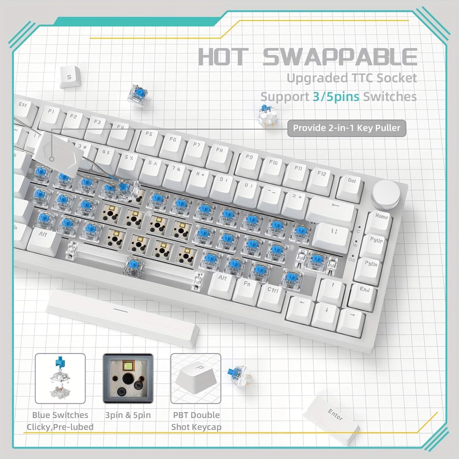 Wired Mechanical Gaming Keyboard 75% With Knob, Hot Swap, Gasket, Upgraded Socket& 5-Layer Noise Absorbing Foams, 82 Keys, Ice Blue Backlit, NKRO Blue Switch