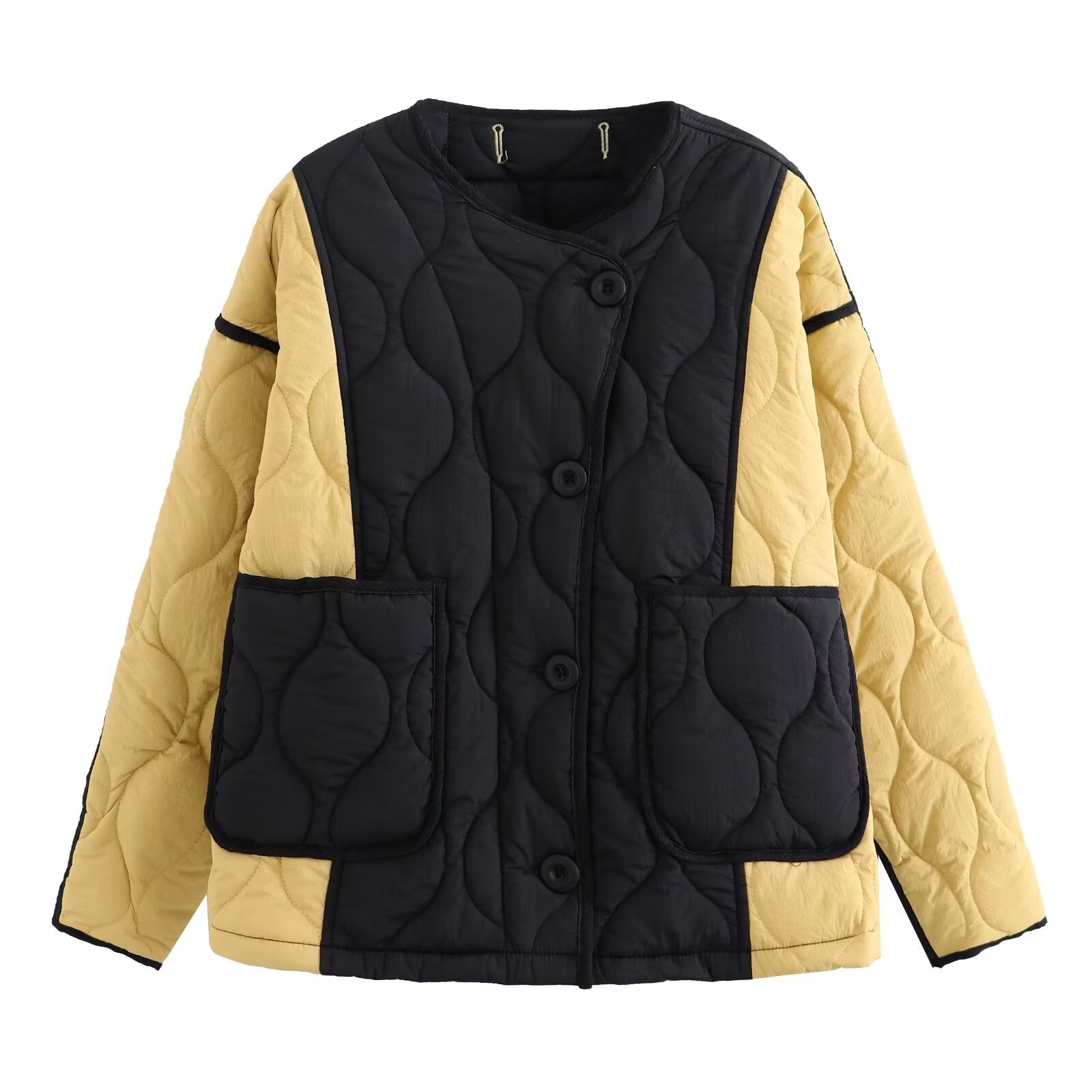 Winter Loose Slimming Color Block Crew Neck Double Pocket Cotton Jacket Women